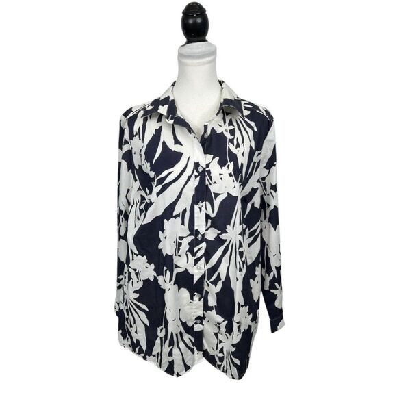 Roaman's Blouse Plus Size 20W Blue & White Button-Down Collared Floral Work Top - Picture 1 of 11